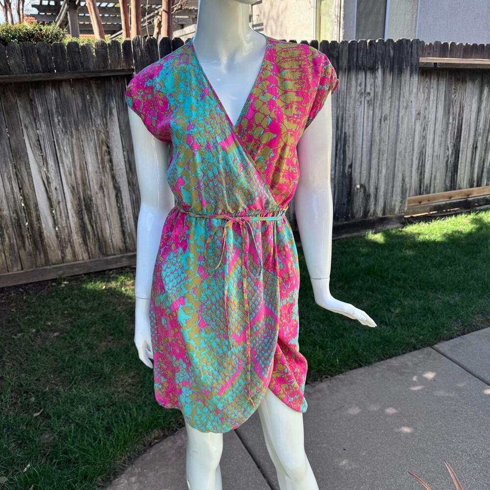Presley Skye Silk Faux Wrap Tulip Hem Dress Pink Teal Cap Sleeve Women's XS